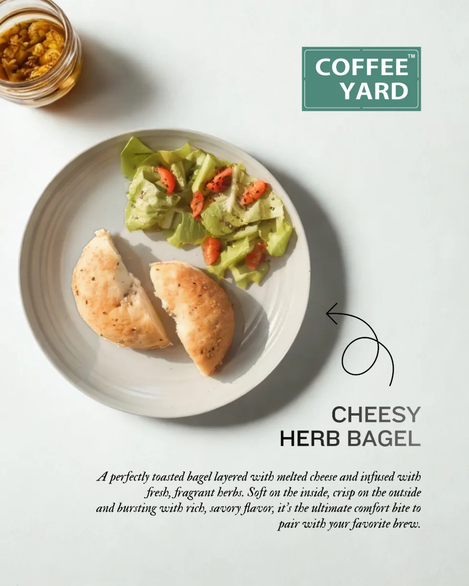 A cheesy herb bagel with salad, labelled for a menu