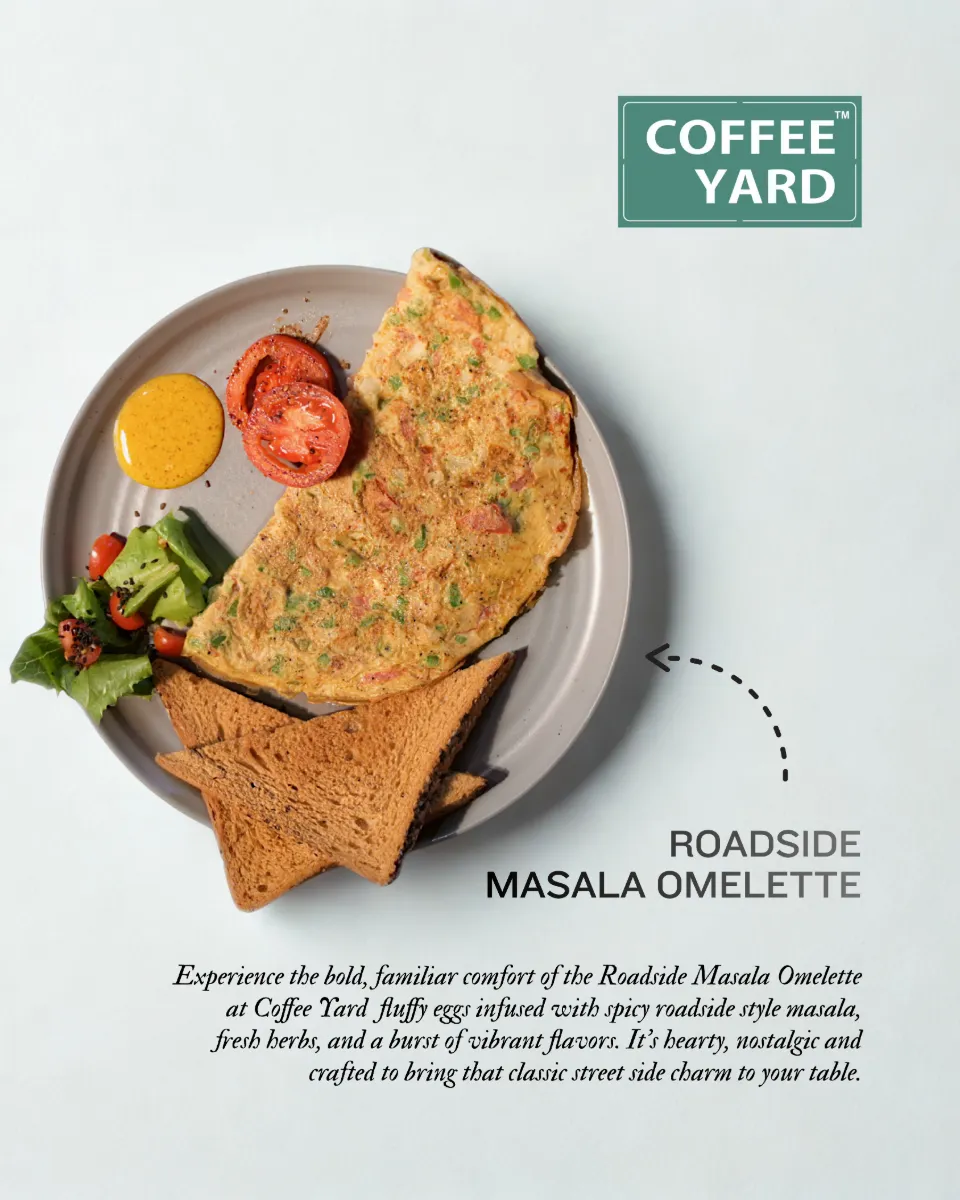 Roadside masala omelette, plated and labelled for a menu