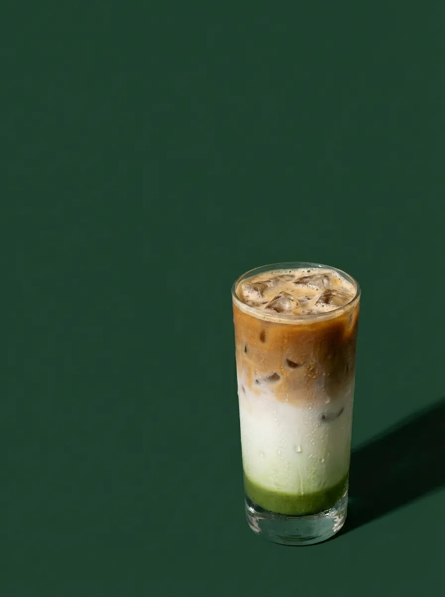 An iced latte on a green ground, shot square on