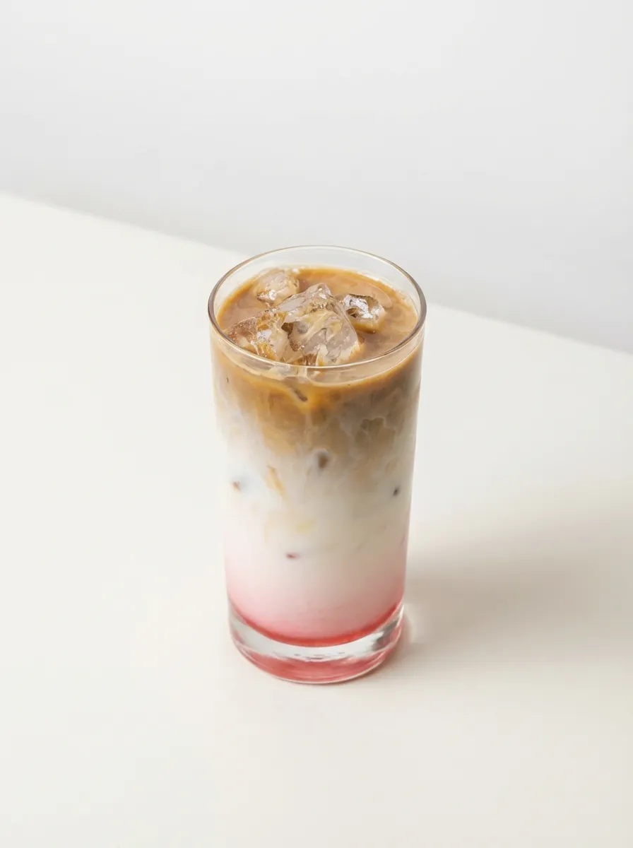 An iced latte on a pale ground