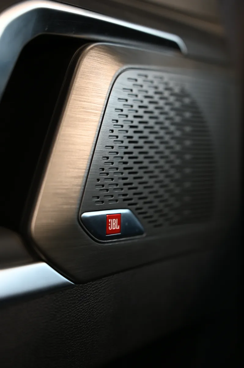 The JBL speaker grille in a car door, shot close