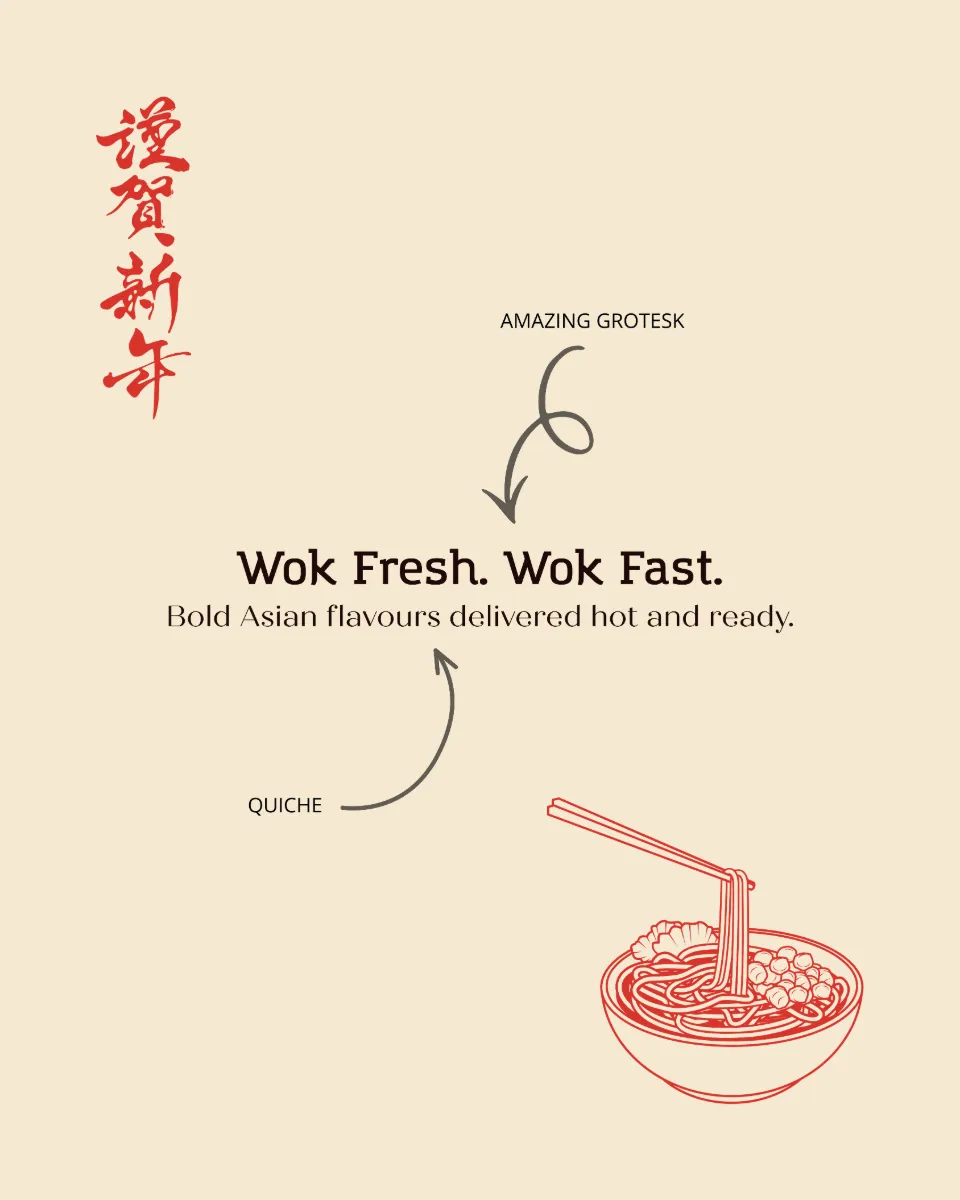 An Asian-food campaign frame reading "wok fresh, wok fast"